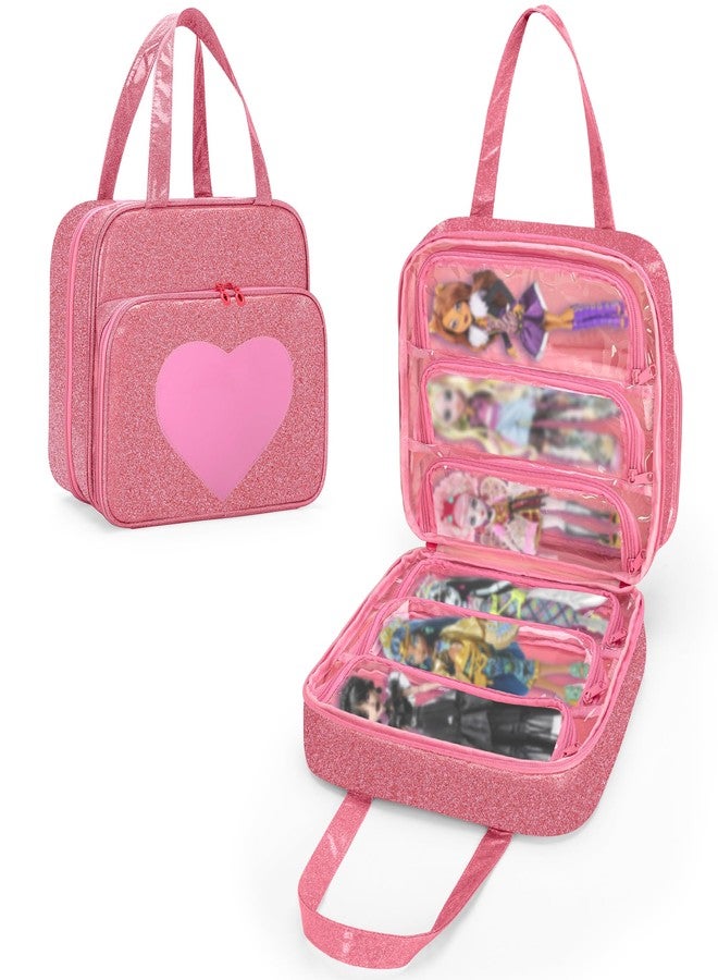 LoDrid Doll Case Compatible with Monster High Dolls with 6 Transparent Pockets for Display and Storage, Tote Bag with Front Pocket and Handle, Pink, Bag Only - Image 1